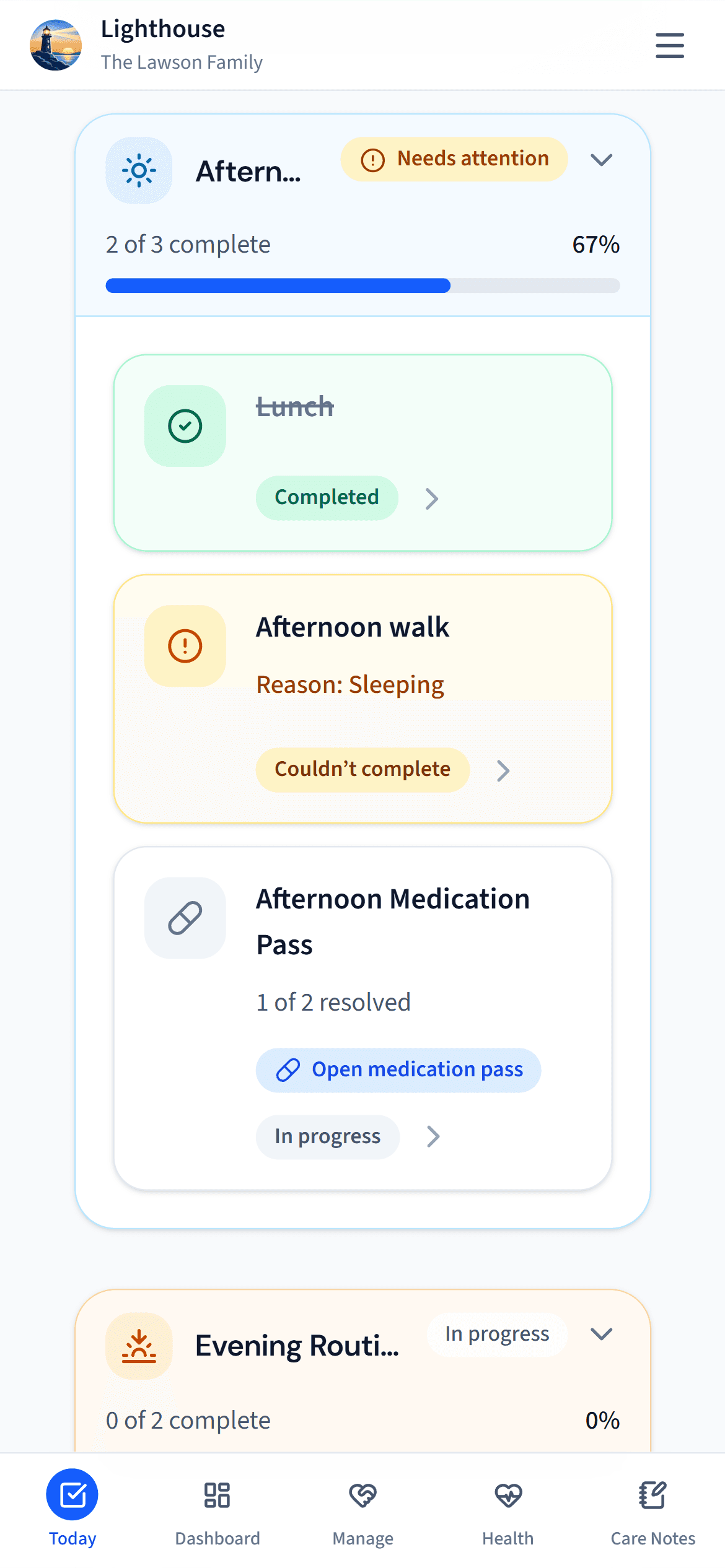 The Lighthouse Today screen for one person. The afternoon routine is marked Needs attention: Lunch is completed, the Afternoon walk couldn't be completed because the person was sleeping, and the Afternoon Medication Pass is in progress.