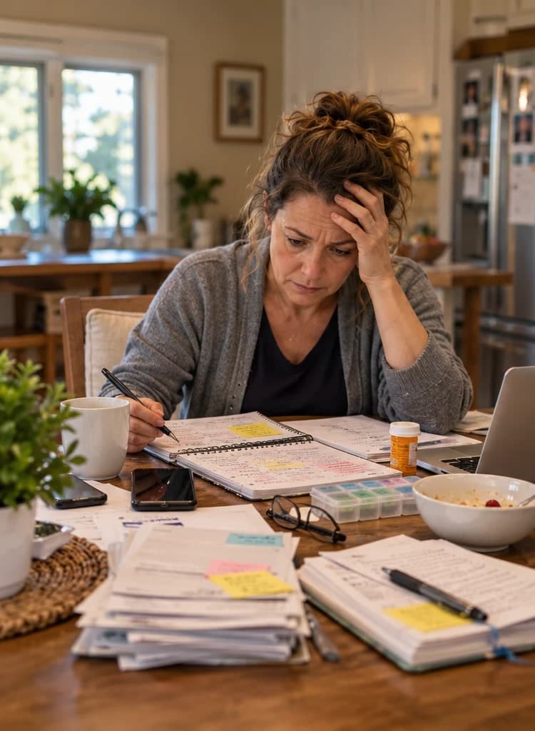 A woman at a kitchen table, one hand to her forehead, writing in a planner. The table is covered in papers, sticky notes, a pill organizer, a prescription bottle, and her phone.