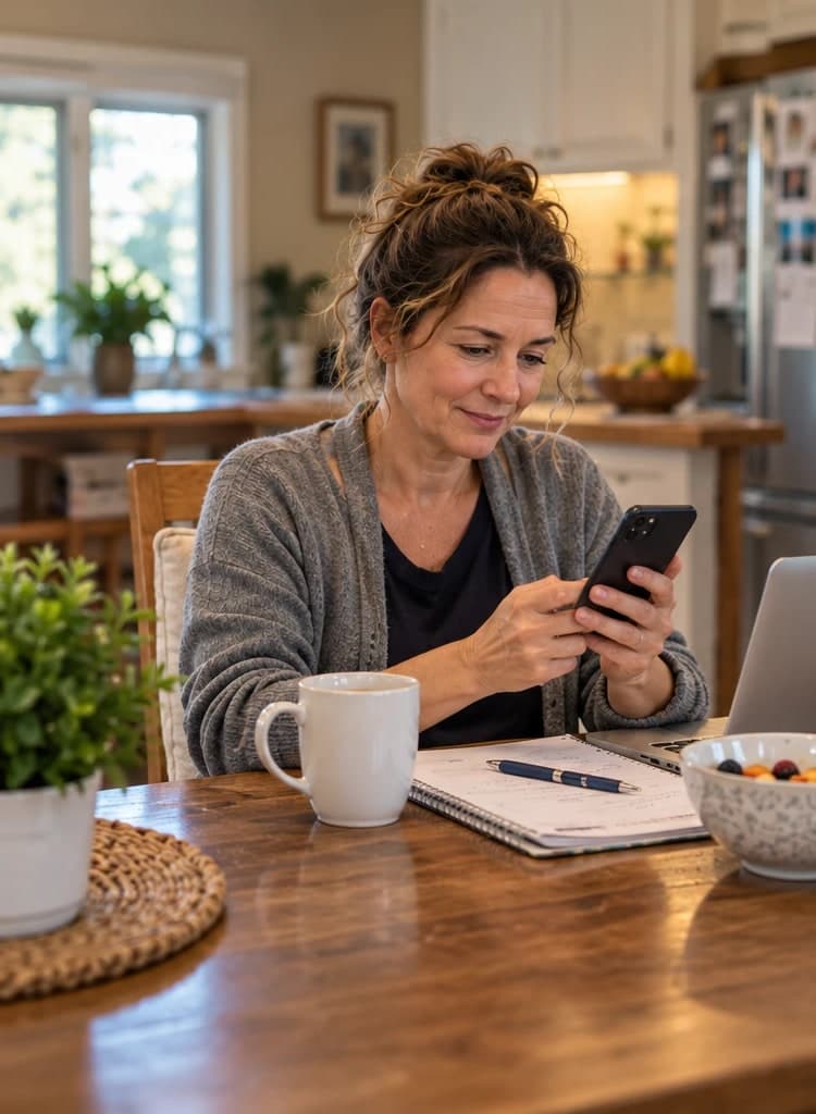 The same woman at the same kitchen table, smiling slightly as she looks at her phone. The table is clear apart from a coffee mug, a closed planner, and a pen.